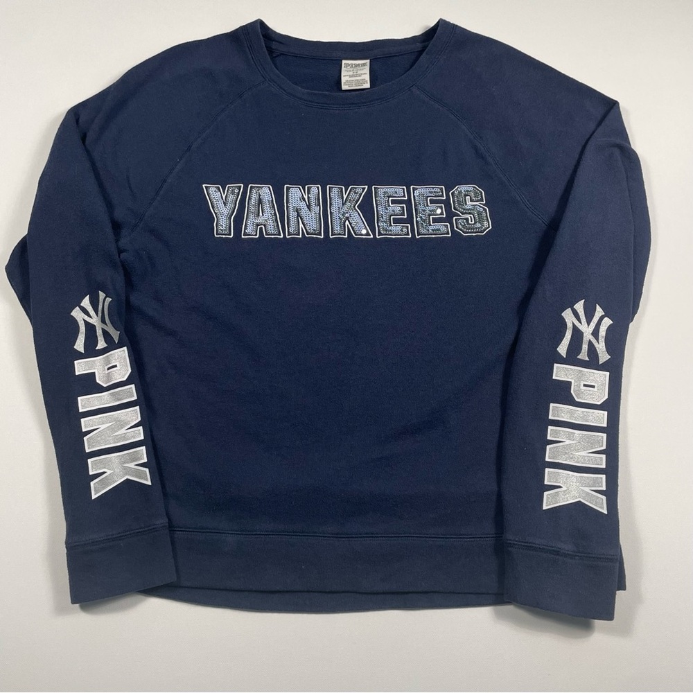 PINK Victoria's Secret Yankees Navy Blue Sequin Logo Sweatshirt Women’s S Bling